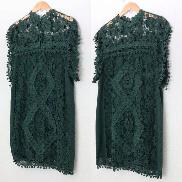 Tularosa Revolve Clayton Tunic Mini Dress L Hunter Green Pom Pom Trim Lace $210 - Picture 5 of 16